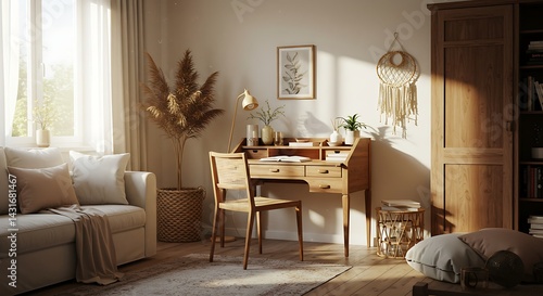 Wooden Desk with Chair in Home Office
