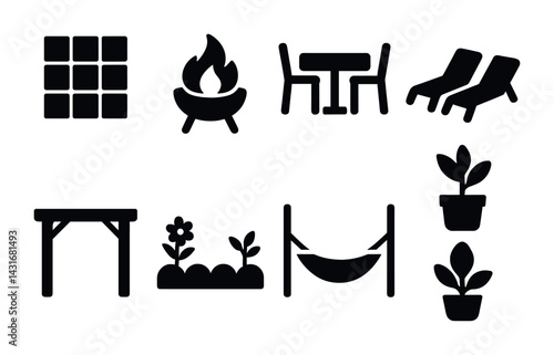 Garden and patio solid icons set – filled style outdoor, relaxation, and furniture symbols for home design: fire pit, table, lounge chairs, pergola, hammock, planter.