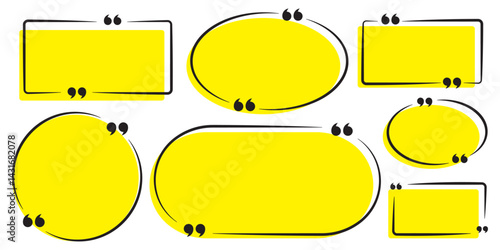 Collection of Yellow quote box frames and icons. Empty speech and quote bubbles. Yellow Quote box frame set. Blank quote boxes for text. Yellow Quotation bubble. Yellow Quote text in speech bubble.