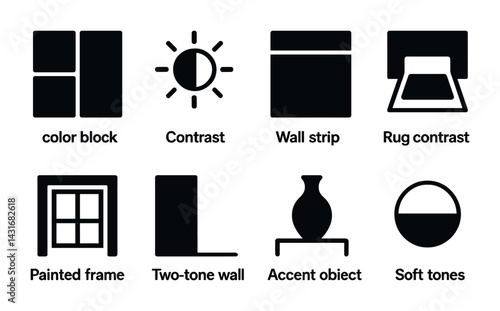 Home decor contrast icon set – solid style interior design, color schemes, decoration symbols: color block, contrast, wall strip, rug contrast, painted frame, two-tone wall, accent object, soft tones