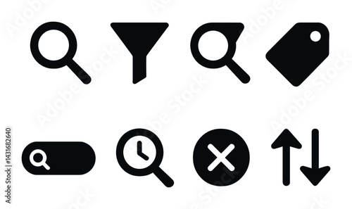 Search and filter solid icons set – filled style for e-commerce and online navigation: magnifying glass, funnel, tag, clock, cross, up and down arrows