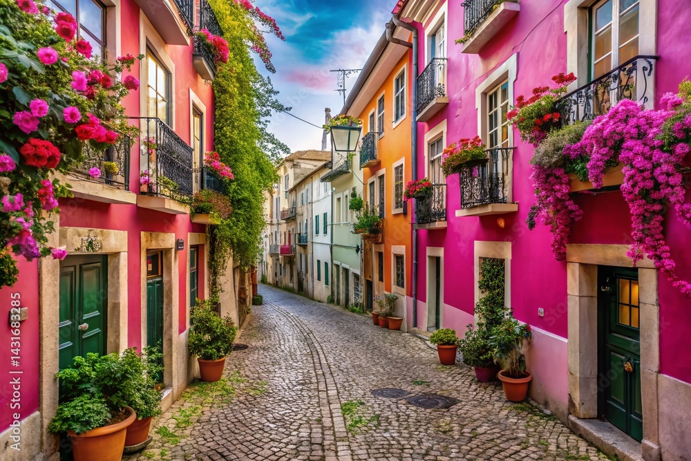Obraz premium Lisbon Pink Street Architecture: Vibrant Buildings & Cobblestone Alleyway