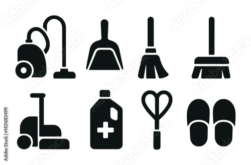 Home cleaning silhouette icons set – filled style for housekeeping, sanitation, and maintenance: vacuum, dustpan, mop, broom, floor polisher, disinfectant, scrub brush, slippers.