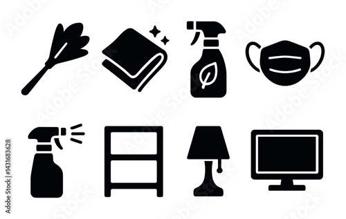 Home cleaning solid icons set – filled style hygiene, disinfection, and housekeeping symbols for chores: feather duster, cloth, spray bottle, mask, shelf, lamp, monitor.