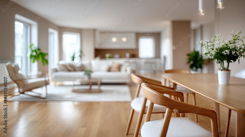 Fototapeta premium Scandinavian interior design featuring a stylish chair amidst greenery in a bright living space ideal for showcasing products or text