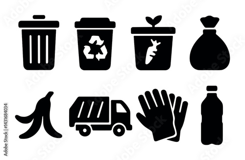 Waste management solid icons set – silhouette style recycling, sustainability, and ecology symbols for environmental solutions: trash can, recycle bin, compost, garbage bag, banana peel, garbage