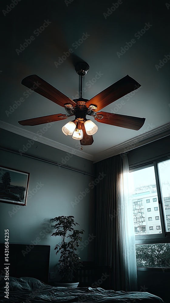 Ceiling fan hangs gracefully in a bedroom with gray walls, illuminating the space with soft light and enhancing the decor