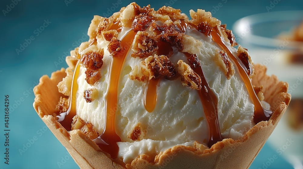 A scoop of vanilla ice cream topped with rich caramel and walnuts is set against a variety of tempting sweet treats