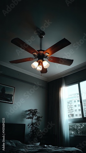 Obraz na płótnie Ceiling fan hangs gracefully in a bedroom with gray walls, illuminating the space with soft light and enhancing the decor w salonie