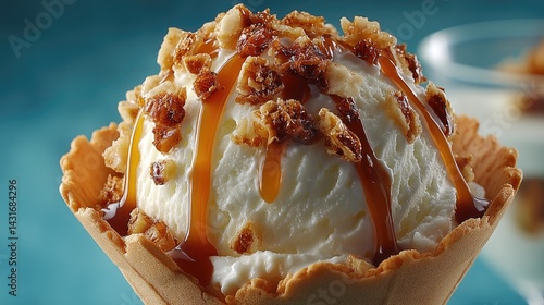 A scoop of vanilla ice cream topped with rich caramel and walnuts is set against a variety of tempting sweet treats