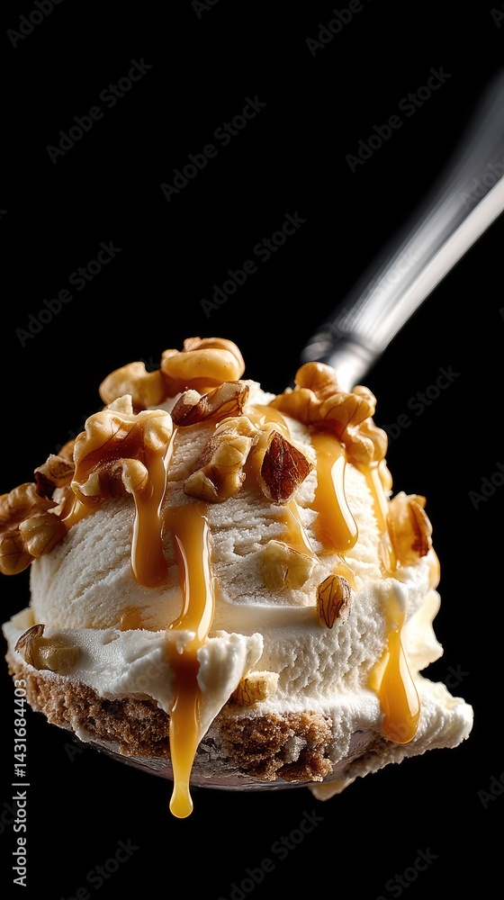 A scoop of vanilla ice cream topped with rich caramel and walnuts is set against a variety of tempting sweet treats