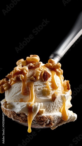 Obraz na płótnie A scoop of vanilla ice cream topped with rich caramel and walnuts is set against a variety of tempting sweet treats w salonie