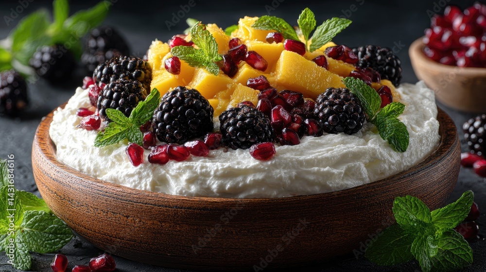 Bright bowl of Greek yogurt adorned with fresh mango, blackberries, pomegranate seeds, and mint leaves on a wooden surface