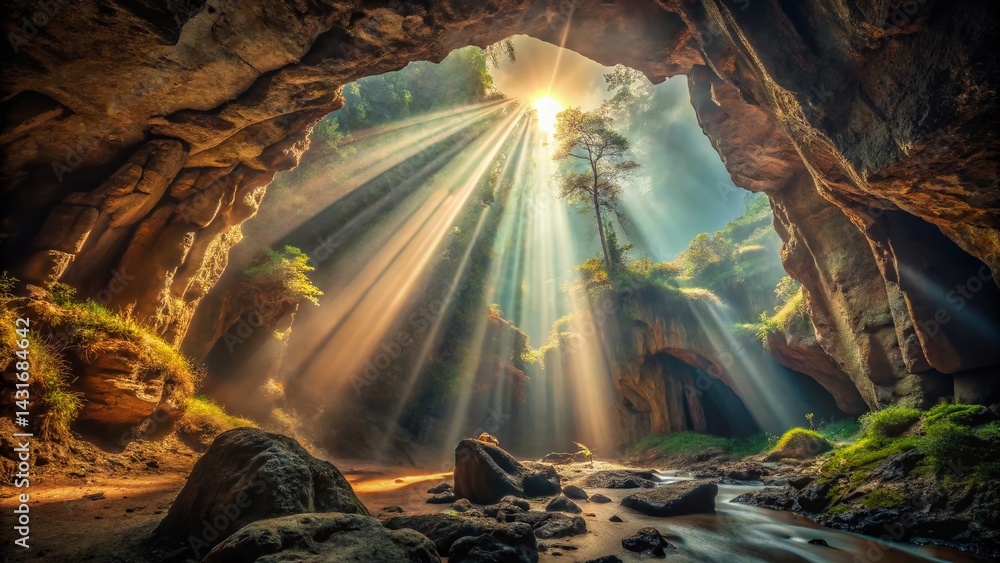 Obraz premium Long Exposure Cave Light Rays: Mystical Sunbeams Illuminating Dark Cave Entrance