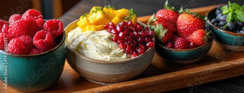 Obraz na płótnie Bright bowl of Greek yogurt adorned with fresh mango, blackberries, pomegranate seeds, and mint leaves on a wooden surface w salonie