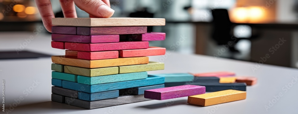 Hands adding wooden blocks in red and purple to a tower on an office table, symbolizing business growth and strategy