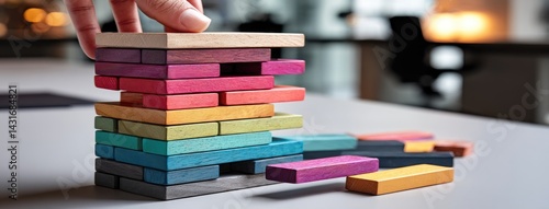 Hands adding wooden blocks in red and purple to a tower on an office table, symbolizing business growth and strategy