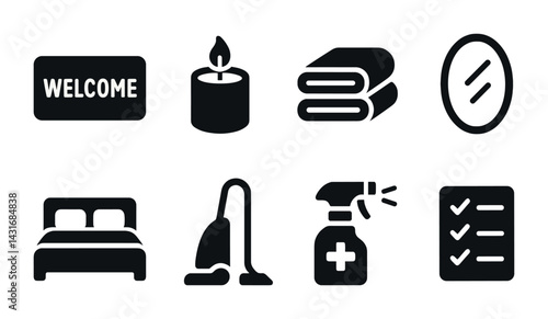 Hospitality and housekeeping solid icons – filled style service, maintenance, and cleaning symbols: welcome sign, candle, towels, mirror, bed, vacuum, spray bottle, checklist.
