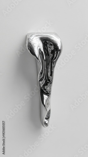 A sleek silver liquid flows and drips from a metallic surface against a clean white background, showcasing intricate details and textures