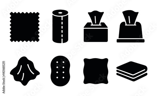 Cleaning and hygiene icons set – solid style for organization, home care, and sanitation symbols: cleaning cloth, paper towel, tissue box, sponge, cushion, wipes.
