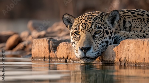 Jaguar relaxes by the water, illuminated by a breathtaking sunset in a lush habitat