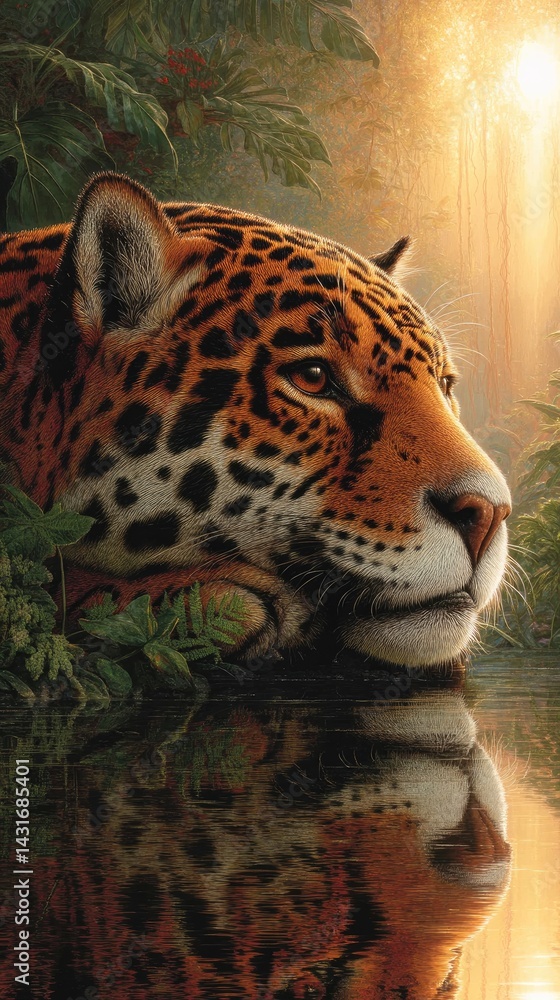 Jaguar relaxes by the water, illuminated by a breathtaking sunset in a lush habitat