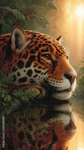 Obraz na płótnie Jaguar relaxes by the water, illuminated by a breathtaking sunset in a lush habitat w salonie