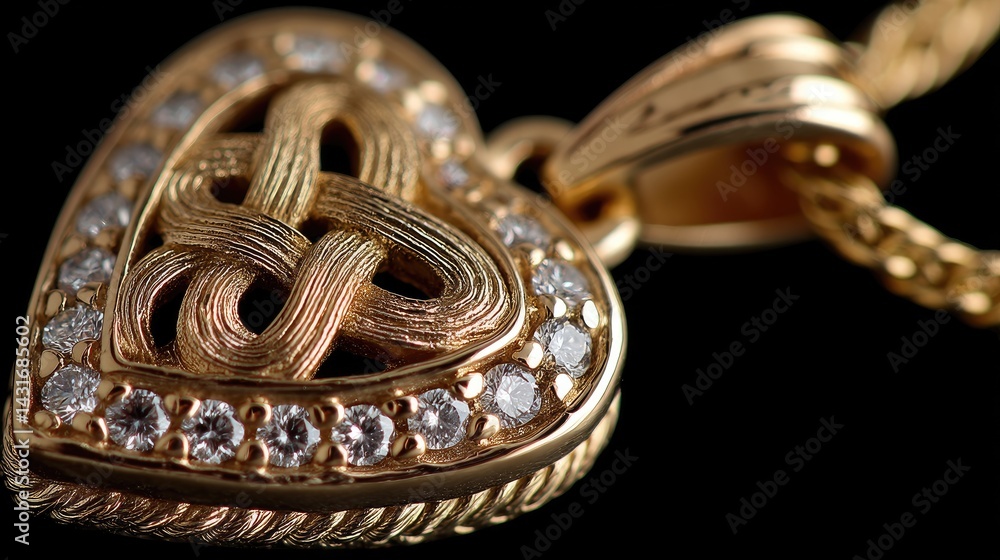 A gold heart pendant with a Celtic knot and sparkling diamonds hangs on a gold chain against a dark background