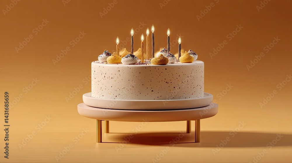 A beautiful birthday cake adorned with candles and sprinkles sits against a plain backdrop, highlighting its festive appeal and elegance