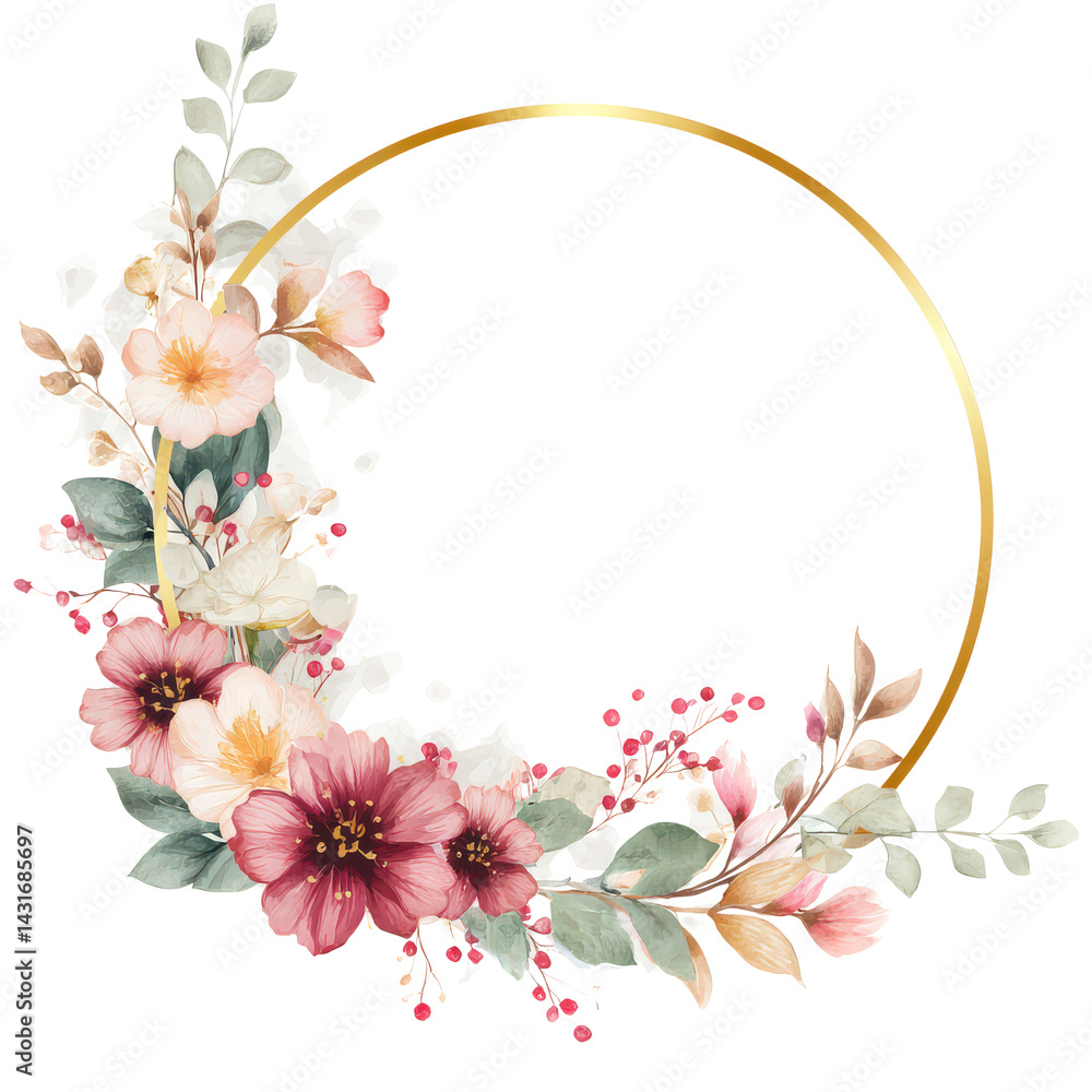 Fototapeta premium PNG Spring color flowers on gold glitter circle frame art watercolor elegant.