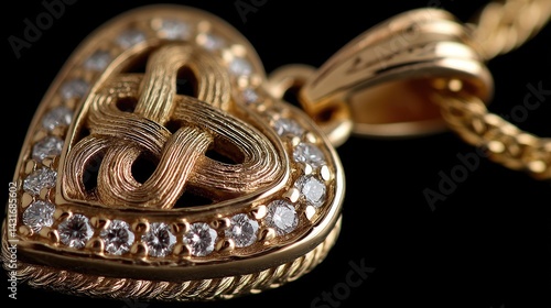 Obraz na płótnie A gold heart pendant with a Celtic knot and sparkling diamonds hangs on a gold chain against a dark background w salonie
