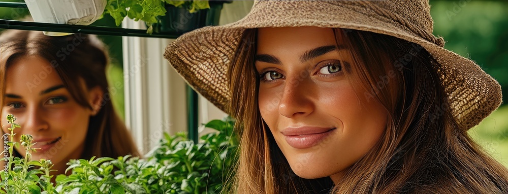 A woman smiles while tending her garden, wearing denim shorts and a cowboy hat, surrounded by vibrant white flowers on a sunny day