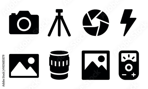 Photography equipment solid icons set – filled style camera, tripod, and lens symbols for creative projects: camera, tripod, aperture, flash, landscape, lens, gallery, light meter.