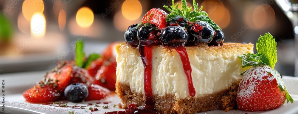 Creamy cheesecake with fresh berries sits elegantly on a plate in a warm, inviting cafe ambiance, perfect for dessert lovers