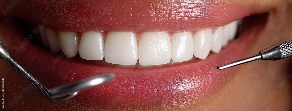 Bright smile features perfect teeth and glossy lips while dental tools are held to emphasize periodontal health in a detailed display