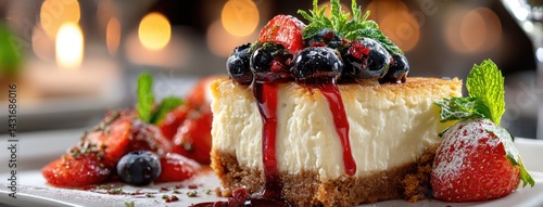 Obraz na płótnie Creamy cheesecake with fresh berries sits elegantly on a plate in a warm, inviting cafe ambiance, perfect for dessert lovers w salonie