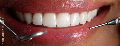 Obraz na płótnie Bright smile features perfect teeth and glossy lips while dental tools are held to emphasize periodontal health in a detailed display w salonie