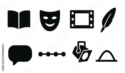 Literature and art solid icons set – silhouette style for creative inspiration: book, theater mask, film strip, quill, speech bubble, timeline, palette, archway.