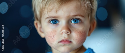 Wallpaper Mural Close-up portrait of a young child with a widespread, red measles rash covering their face and body, indicating a viral infection and need for medical attention and care. Torontodigital.ca