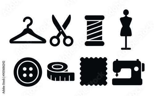 Sewing and tailoring solid icon set – silhouette style crafting and textile tools for fashion design: hanger, scissors, thread spool, mannequin, button, tape measure, fabric, sewing machine.