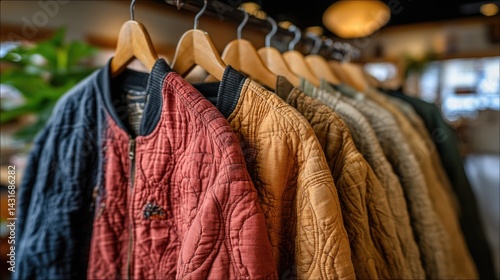 Obraz na płótnie A collection of woolen jackets in various colors and styles hang gracefully on wooden hangers, illuminated by natural light w salonie