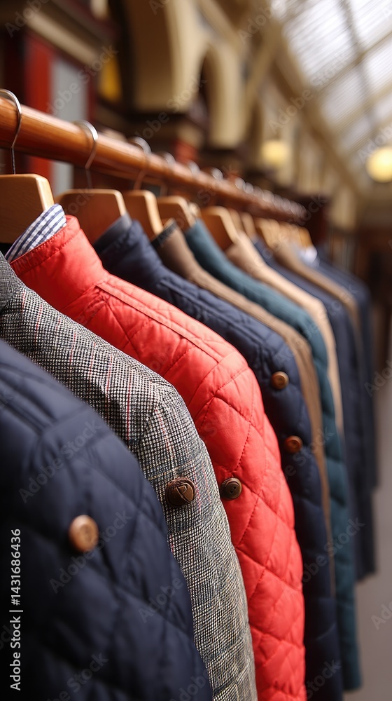 A collection of woolen jackets in various colors and styles hang gracefully on wooden hangers, illuminated by natural light