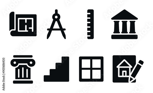 Architecture and design solid icons set – flat style blueprint, construction, and planning symbols: blueprint, compass, ruler, temple, column, stairs, window, sketch.