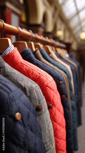 Obraz na płótnie A collection of woolen jackets in various colors and styles hang gracefully on wooden hangers, illuminated by natural light w salonie