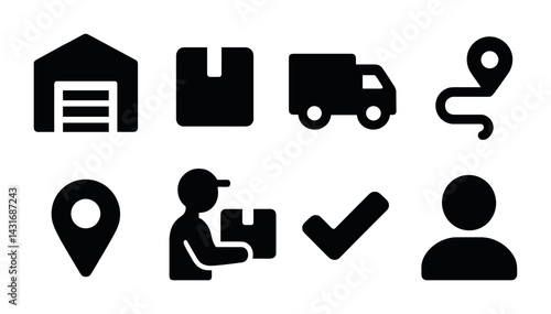 Delivery and logistics icon set – solid style shipping, transportation, and location symbols for ecommerce: warehouse, package, truck, route, pin, courier, checkmark, profile.