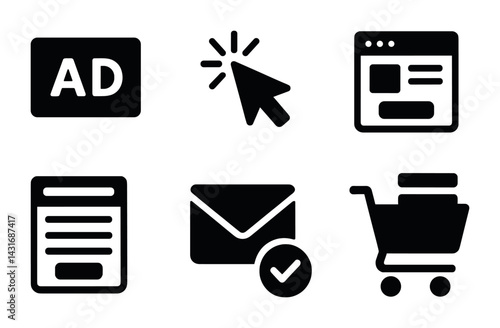 Digital marketing silhouette icons set – solid style online advertising, seo, and e-commerce symbols: cursor, ad, email, browser, cart, checklist
