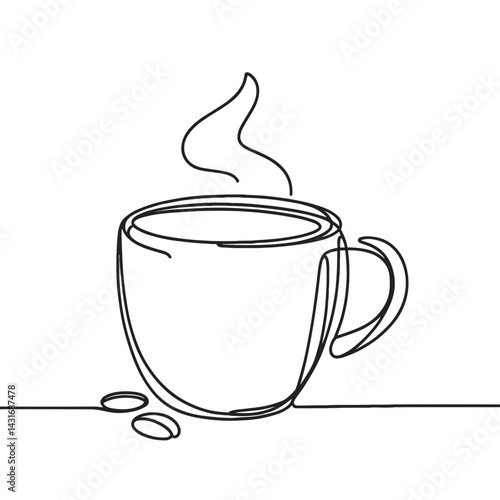 Minimalist coffee cup with steam and coffee beans on table  