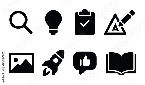 Education and learning solid icons set – filled style for school, teaching, and academics: magnifying glass, light bulb, clipboard, warning sign, image, rocket, thumbs up, book.