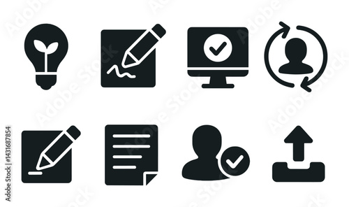 Business and productivity solid icons set – filled style work, management, and communication symbols for office efficiency: light bulb, pencil, computer, user, document, upload.