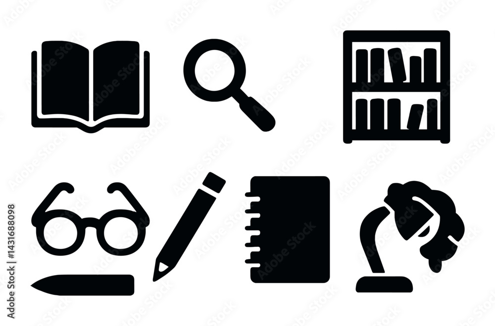School and study solid icon set – filled style for education, learning, and classroom resources: book, magnifying glass, bookshelf, glasses, pencil, notebook, desk lamp.